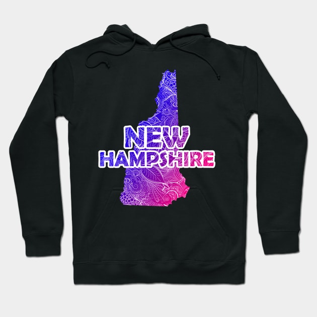 Colorful mandala art map of New Hampshire with text in blue and violet Hoodie by Happy Citizen